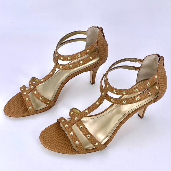 STYLE & COMPANY 9.5M LEVINE 3 INCH METALLIC CAMEL BROWN STUDDED STILETTOS - Picture 1 of 12